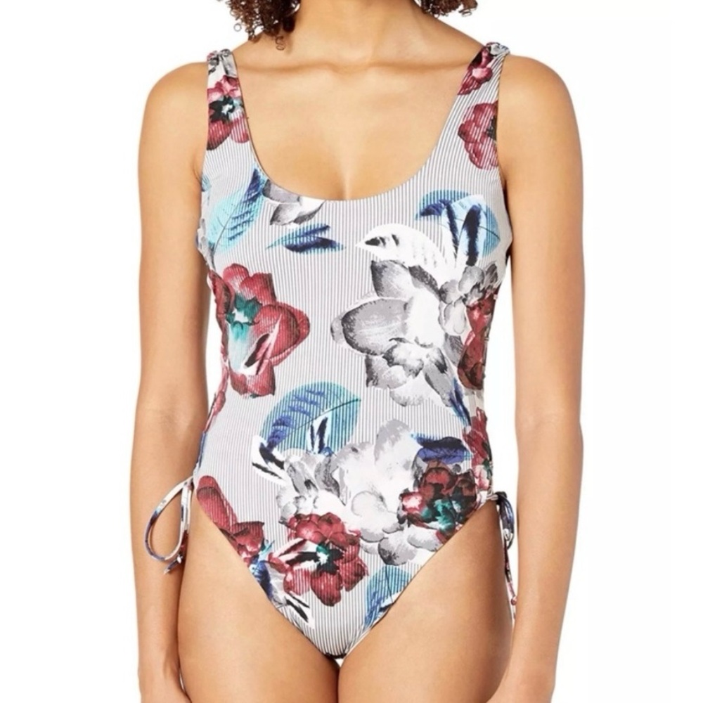 THE BIKINI LAB One Piece Swimsuit Floral Stripes Gray White Multi Medium